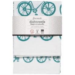 Now Designs By Danica Floursack Dishtowels (Set Of 2) | Peacock Bicycles -Kitchen Store 2252529 dt2 floursack set sweet ride peacock pkg