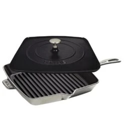 Staub 12" Square Cast Iron Grill Pan & Press Set | Graphite Grey