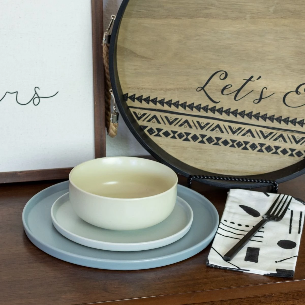 Everything Kitchens Modern Flat 24-Piece Dinnerware Set | Dusty Blue, Stone Gray, Beige 11 Everything Kitchens Modern Flat 24-Piece Dinnerware Set | Dusty Blue, Stone Gray, Beige - Image 9