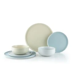 Everything Kitchens Modern Flat 24-Piece Dinnerware Set | Dusty Blue, Stone Gray, Beige