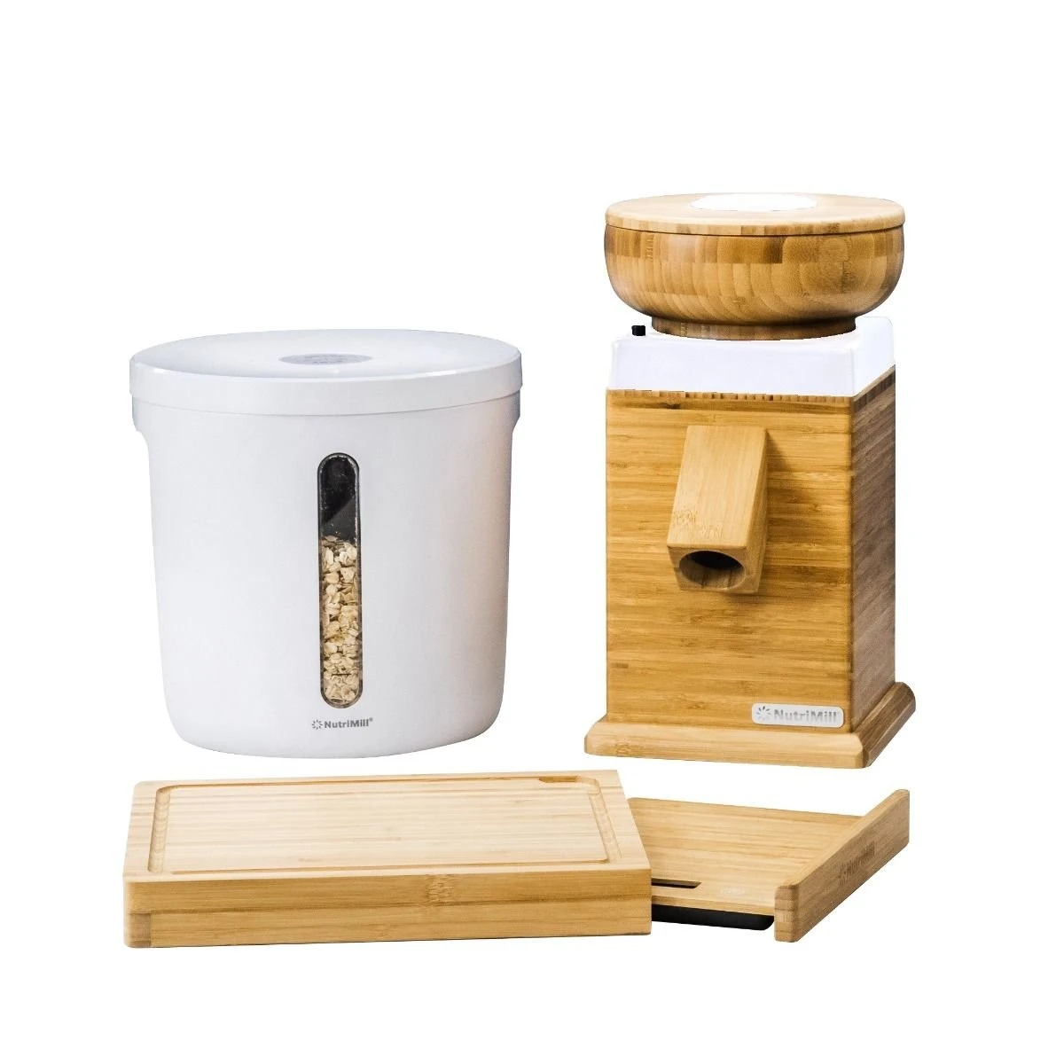 NutriMill Harvest Grain Mill | Powder Sugar White + Cutting Board & Canister Bundle 3 NutriMill Harvest Grain Mill | Powder Sugar White + Cutting Board & Canister Bundle