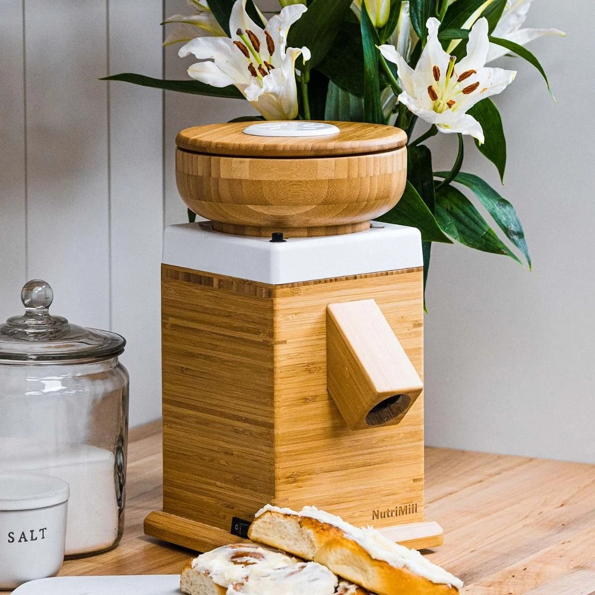 NutriMill Harvest Grain Mill | Powder Sugar White + Cutting Board & Canister Bundle 7 NutriMill Harvest Grain Mill | Powder Sugar White + Cutting Board & Canister Bundle - Image 5